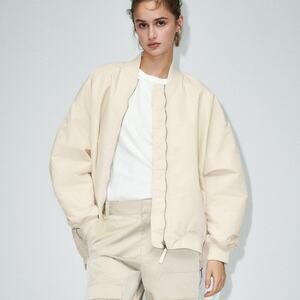 Zara Women's White Oversized Long Sleeve Pockets Full Zip Bomber Coat Jacket L